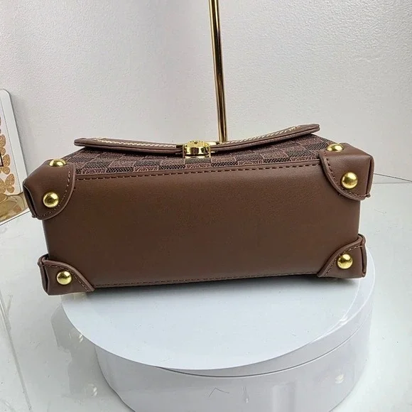 Checkered Top Handle Satchel Handbag Small Crossbody Brown Tan Vegan Leather Pur - Picture 5 of 11